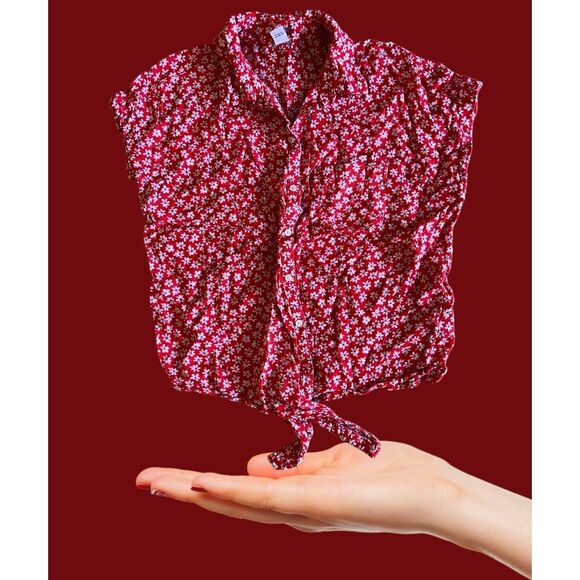 Old Navy Women's Linen Blend Top Red White Blue Front Tie  Short Sleeve Med EUC - Picture 7 of 13